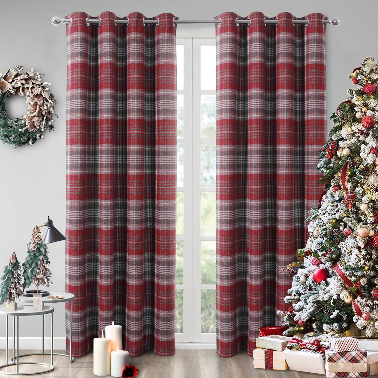 Red Plaid Curtains Grommet Highland Woolen Look Tartan Curtains for Bedroom L…