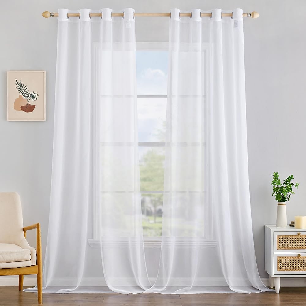 MIULEE 2 Panels Solid Color White Sheer 54″W x 120″L (Pack of 2),