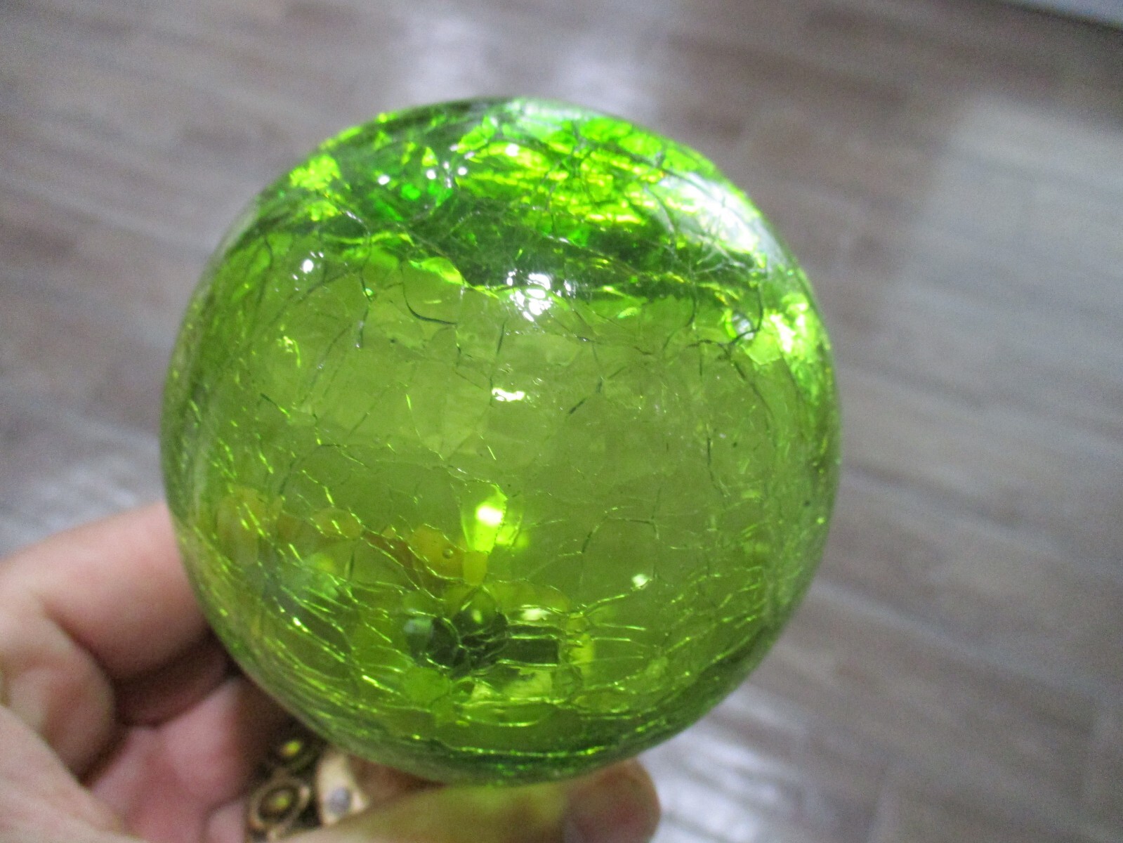 Murano hand blown Lime Green Crackle glass sphere globe Curtain Rod Finial