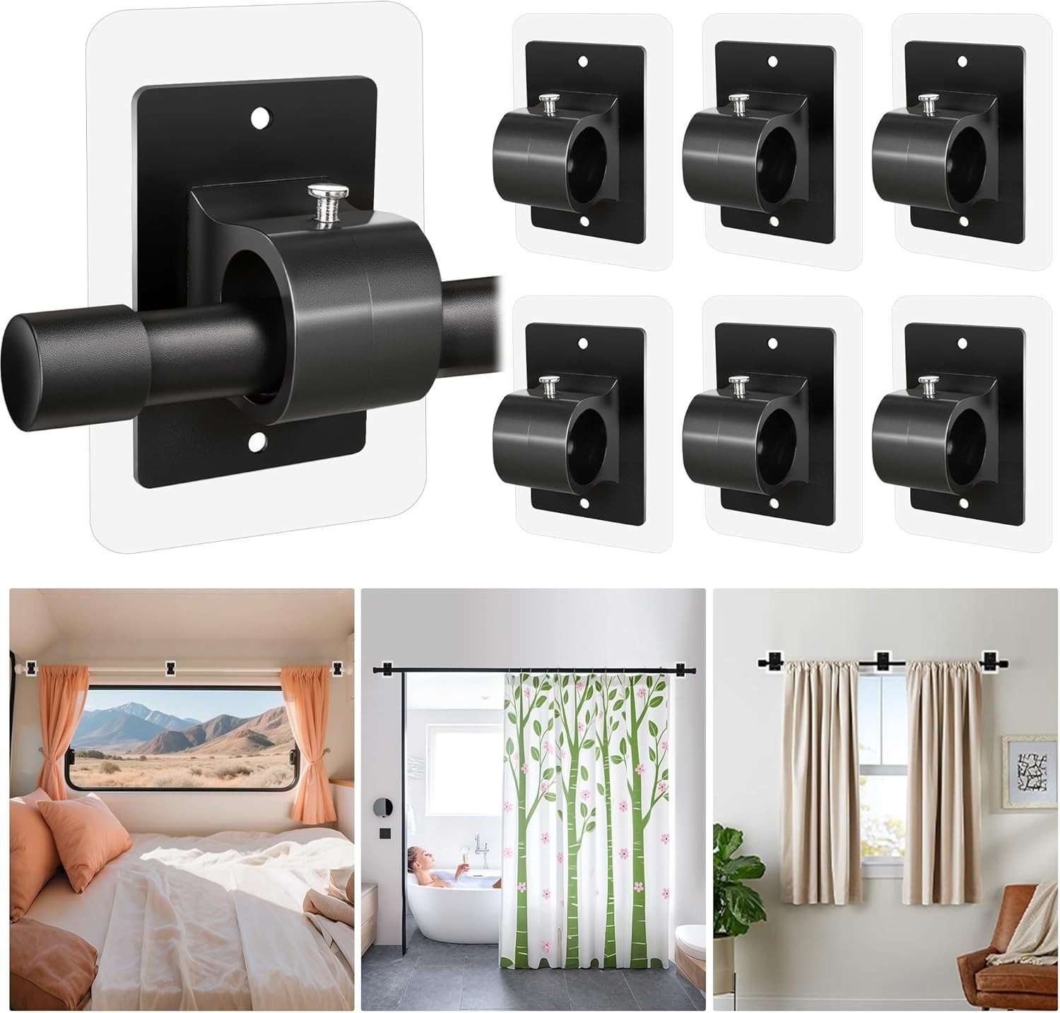 6PCS No Drill Curtain Rod Brackets,Self Adhesive Curtain Rod Holder No Drilli…