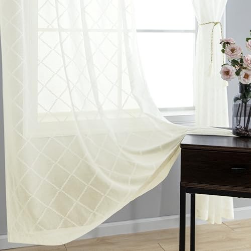 Solid Lattice Diamond Embroidery Faux Line 52″W x 96″L (Pack of 2) Cream Beige