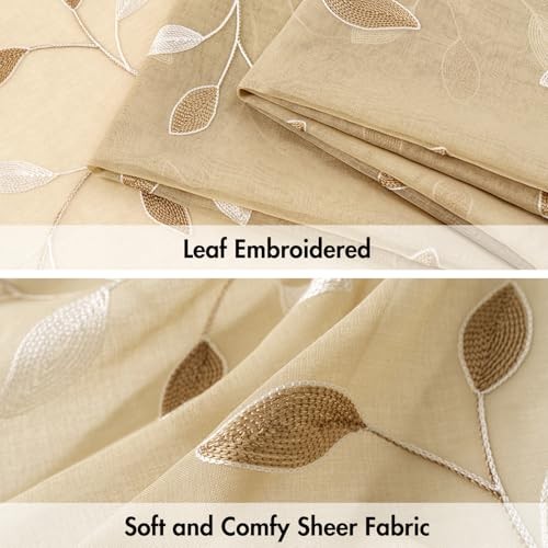 Sheer Curtains 2 Panels Embroidered Leaf 30″W x 36″L (Pack of 2) Beige