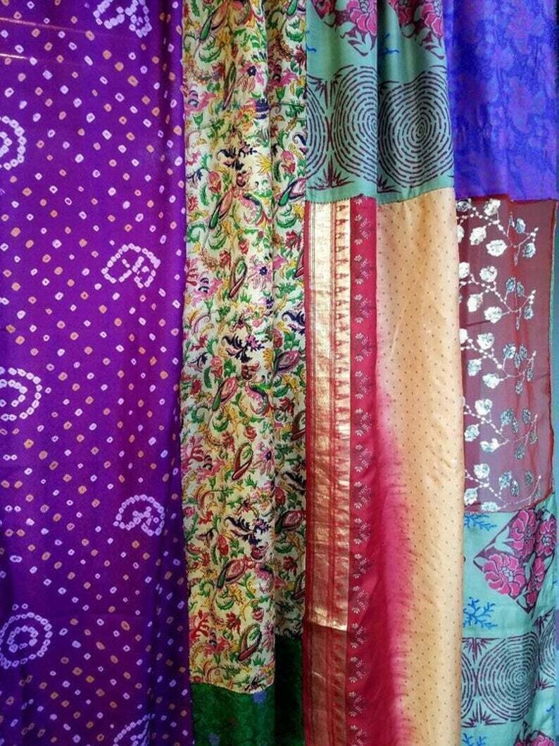 2 Pcs Indian Sari Patchwork Curtain Drape Window Decor Multi Silk Sari Curtain