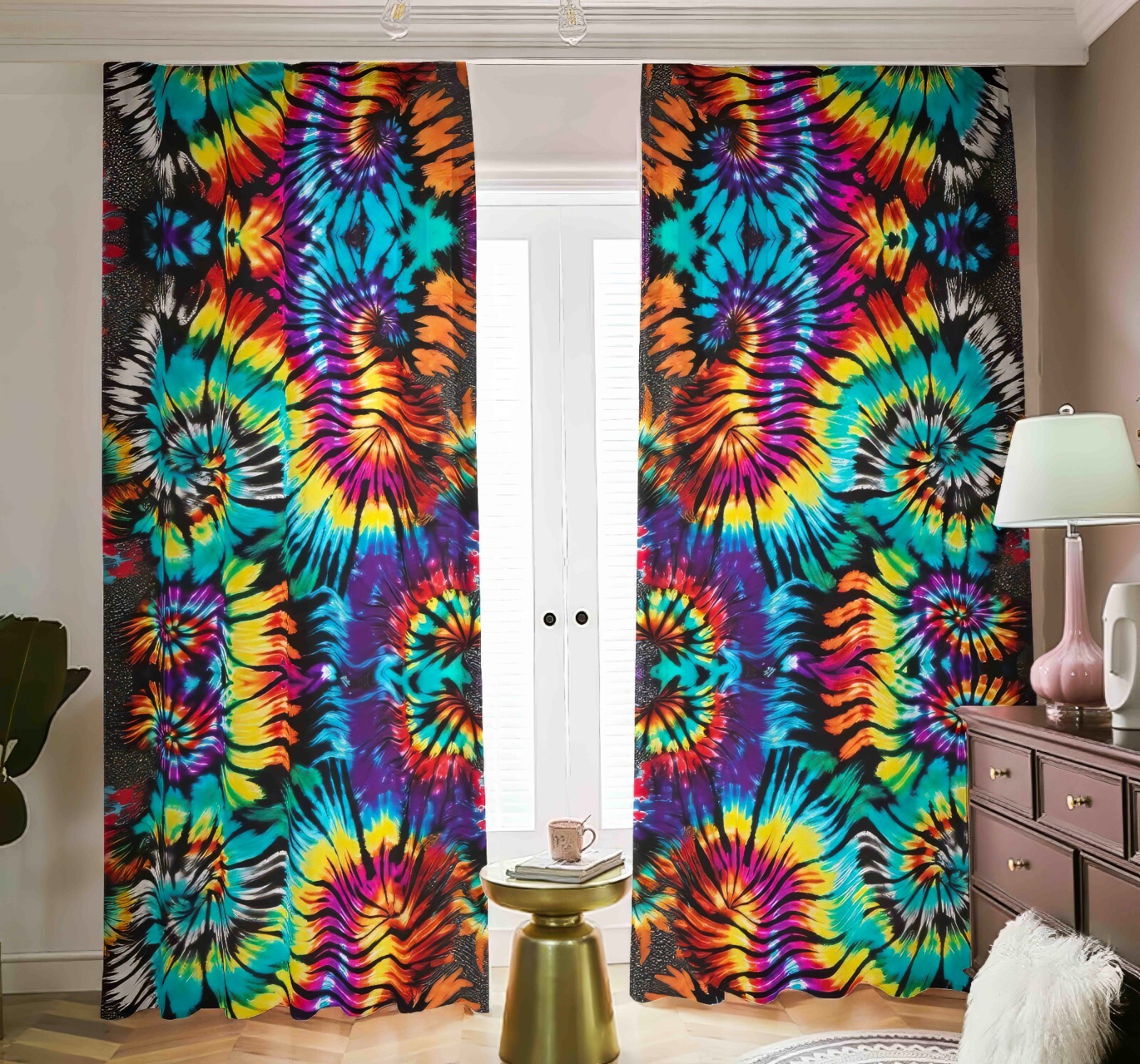 Rainbow Tie Dye Blackout Curtains Drapes Shades Psychedelic Fractal Set Colorful