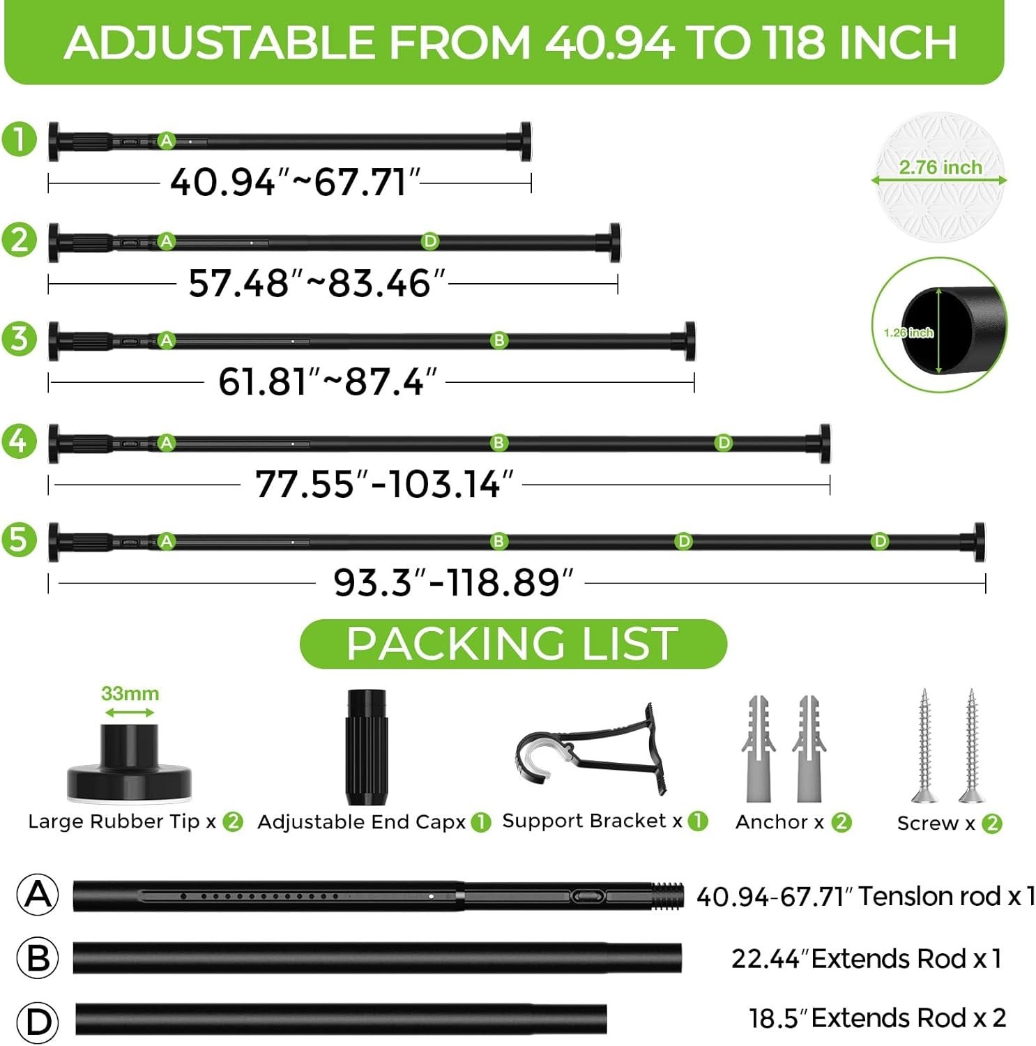 Heavy Duty Tension Curtain Rod No Drilling 41-118 Inch, One-Click Adjustable …