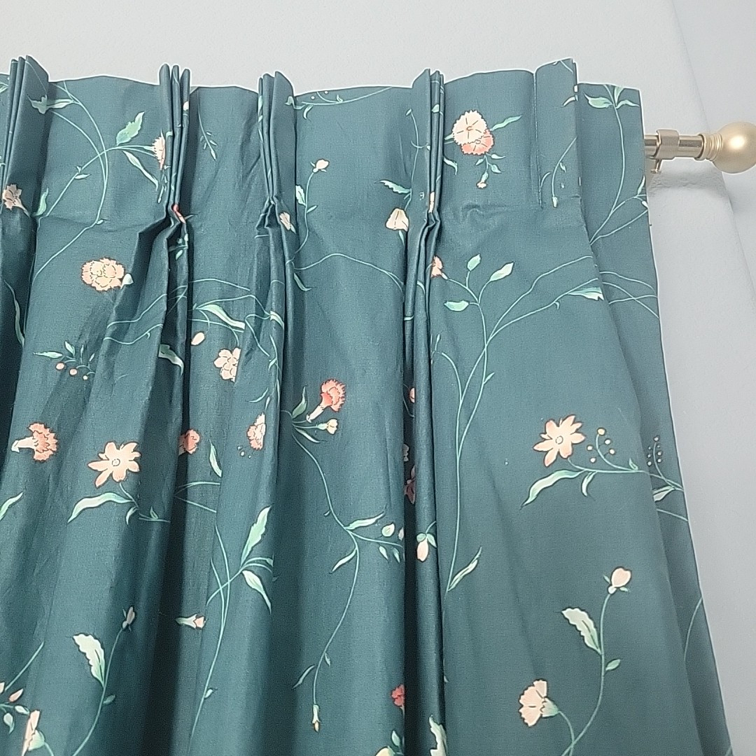 Vtg Custom Pleated Curtains Drapes Givenchy Green Floral Lined Cotton 100″x82″