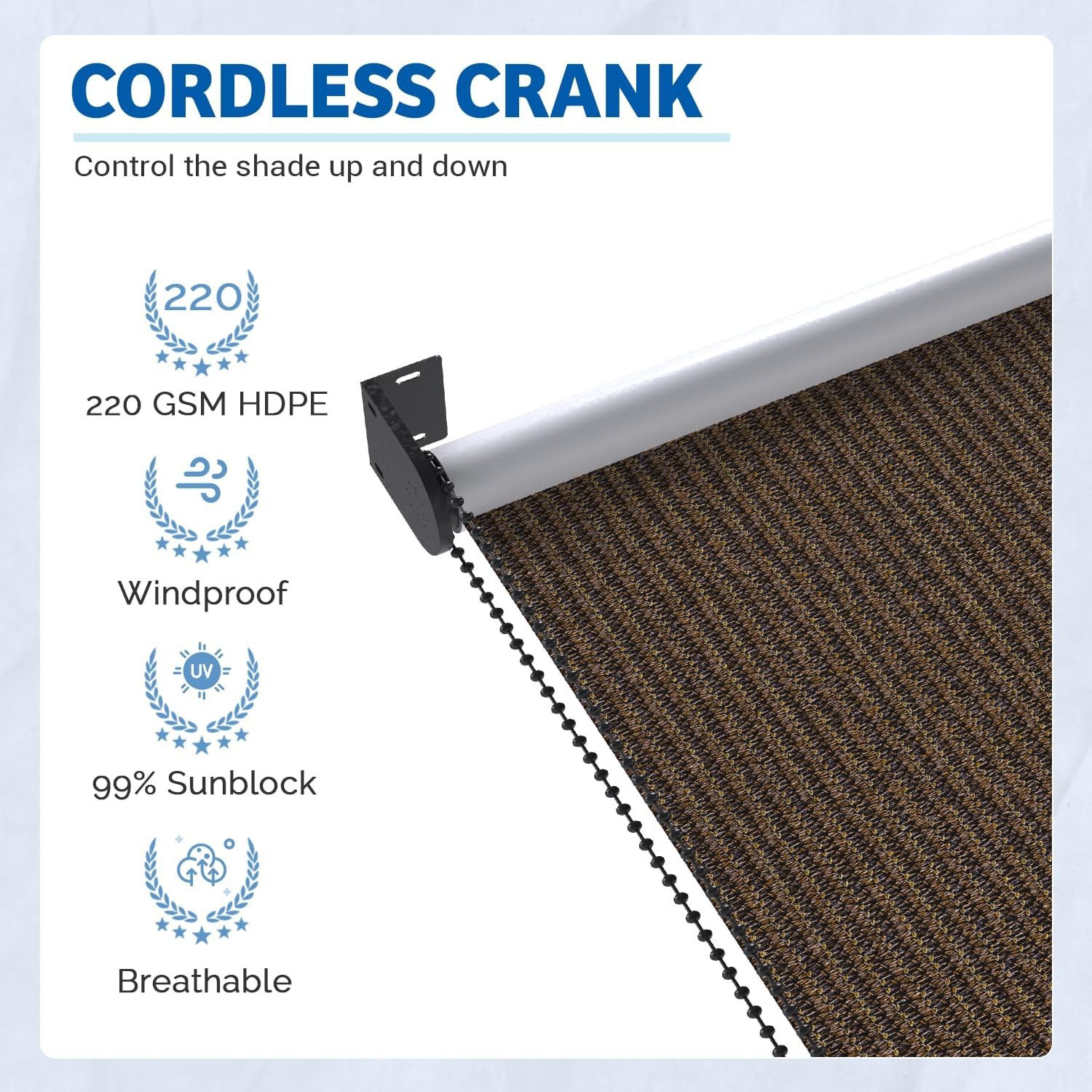 Outdoor Roller Shade 99% UV Protection HDPE Fabric Cordless Privacy Screen Patio