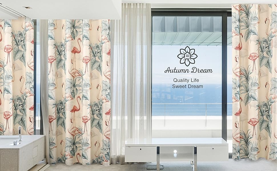 White Blackout Curtains Grommet Microfiber Pastoral Leaves Flamingo Floral