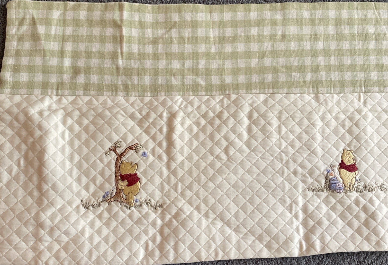 Winnie The Pooh Disney Embroidered Valance Quilted Green Ivory Plaid (1) 59”x13”