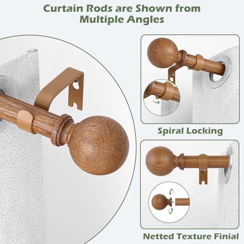 Brown Ball Adjustable Curtain Rods, 36-88″ Heavy 36-88″(1 PACK) Wood Grain