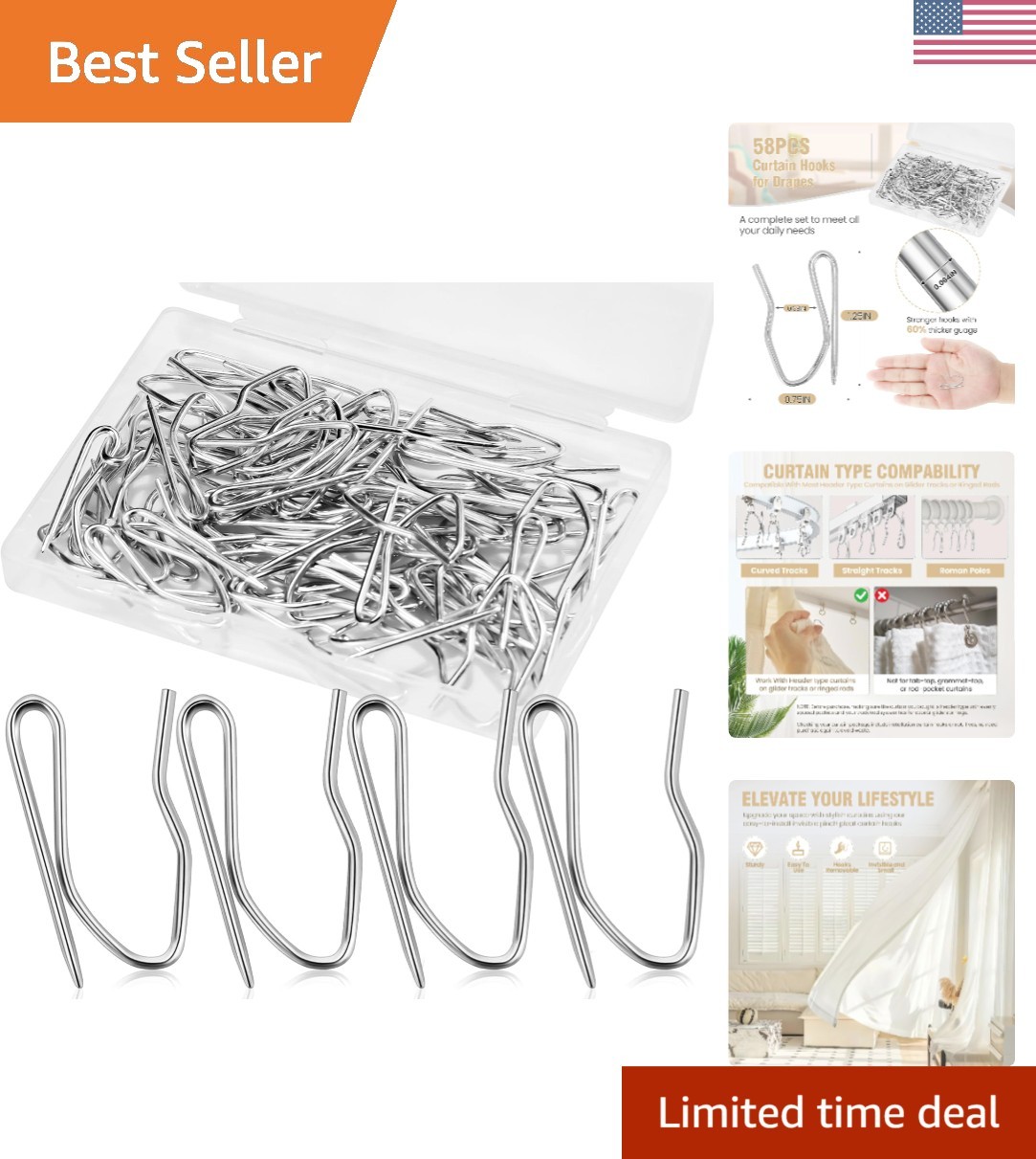 1.25IN Curtain Hooks for Drapes, 58PCS Rustproof Metal Drapery Hooks Pins fo…