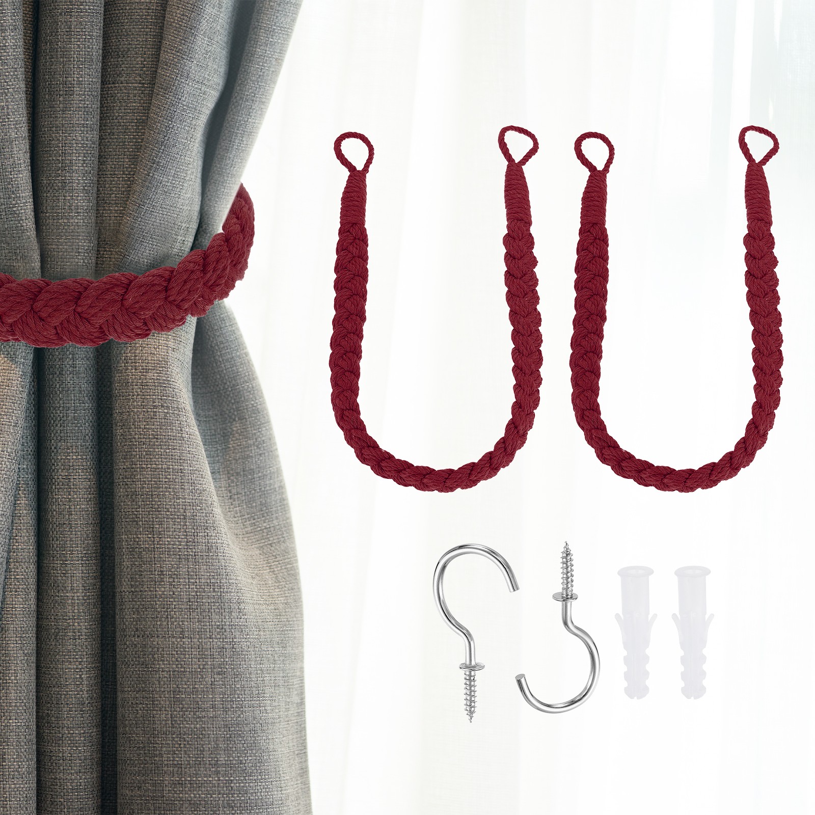 2Pcs Rope Curtain Tiebacks, 23.6″ Hand-Woven Curtain Holdback, Wine Red