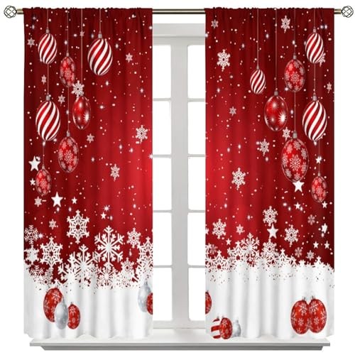 Christmas Window Curtains, Red Xmas Ornaments 20.5″W x 45″L (Pack of 2) Xmas-5