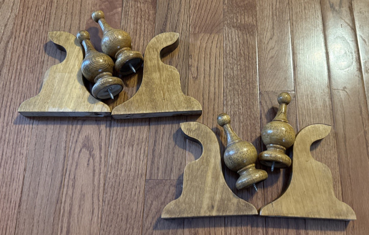 Vintage 4pc Wooden Curtain Rod Pole Holders and Finials Wall Base