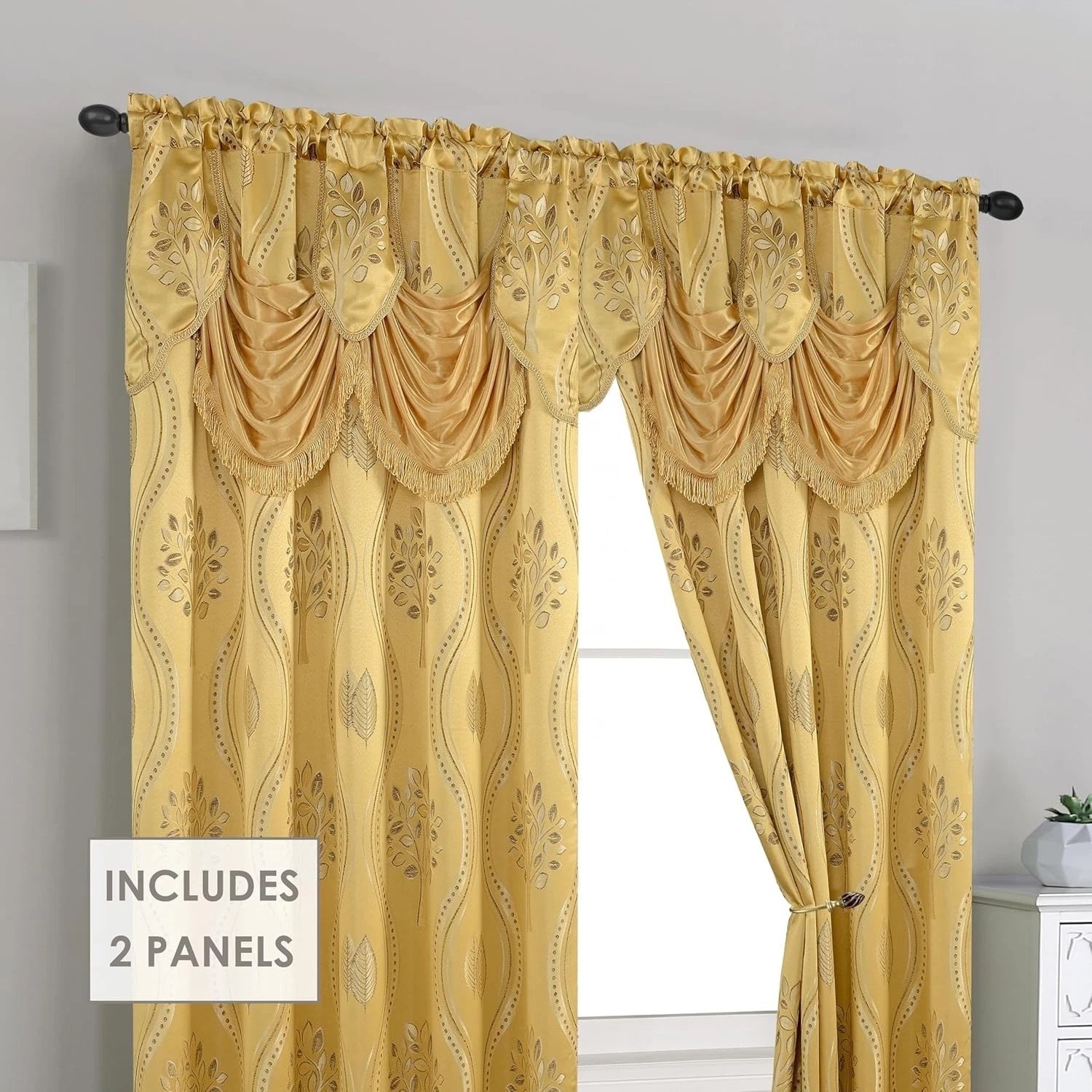 Decorative Gold Jacquard Curtains with Attached Valance 54 by 84 for Home Decor