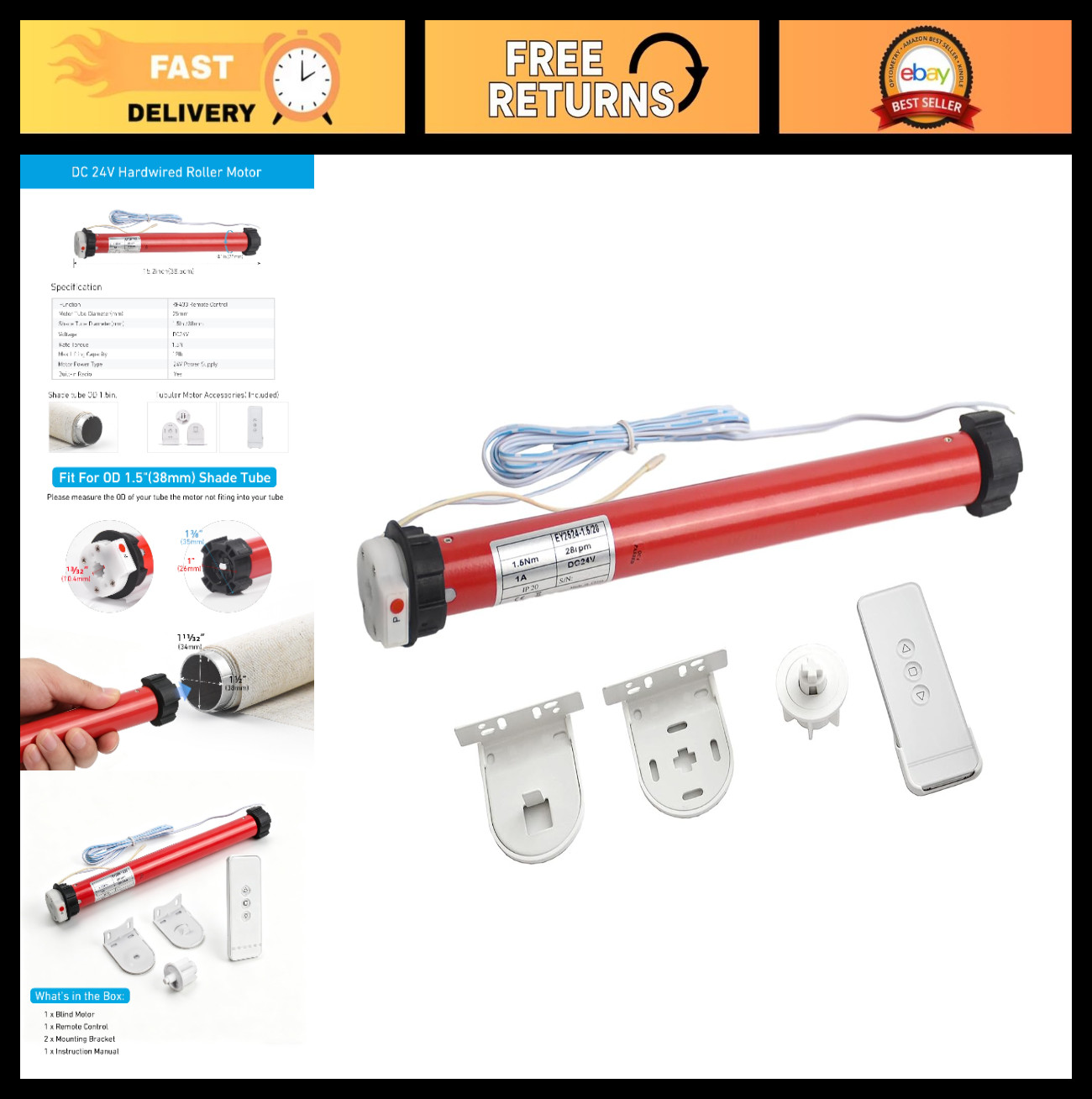 24V DC Roller Blind Motor Kit, Smart Remote Control, 1.5N·m for 1.5″ Shades