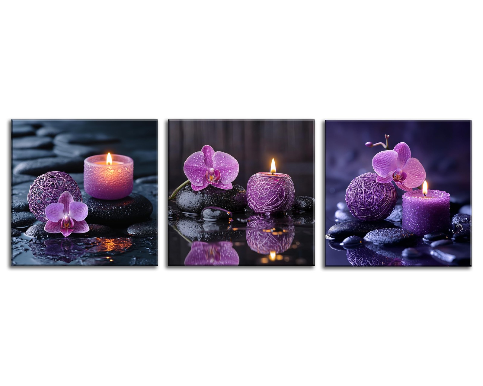 3PCS Zen Canvas Wall Art Purple Orchid Spa Decor Aromatherapy Candle Black St…