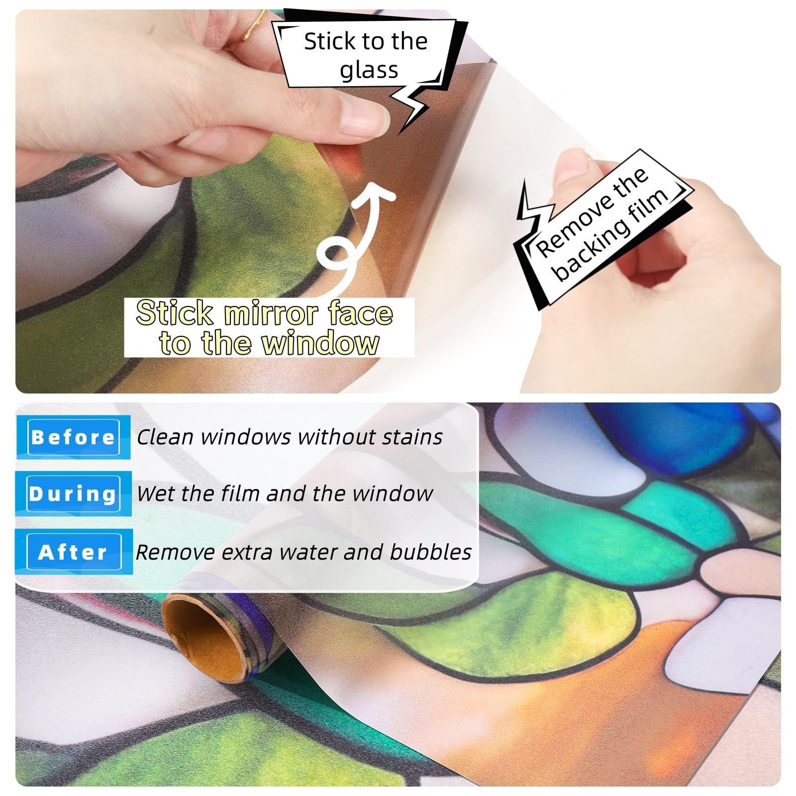 Window Privacy Film – Stained Glass Style Floral 24″ x 36″, Glazed Blue