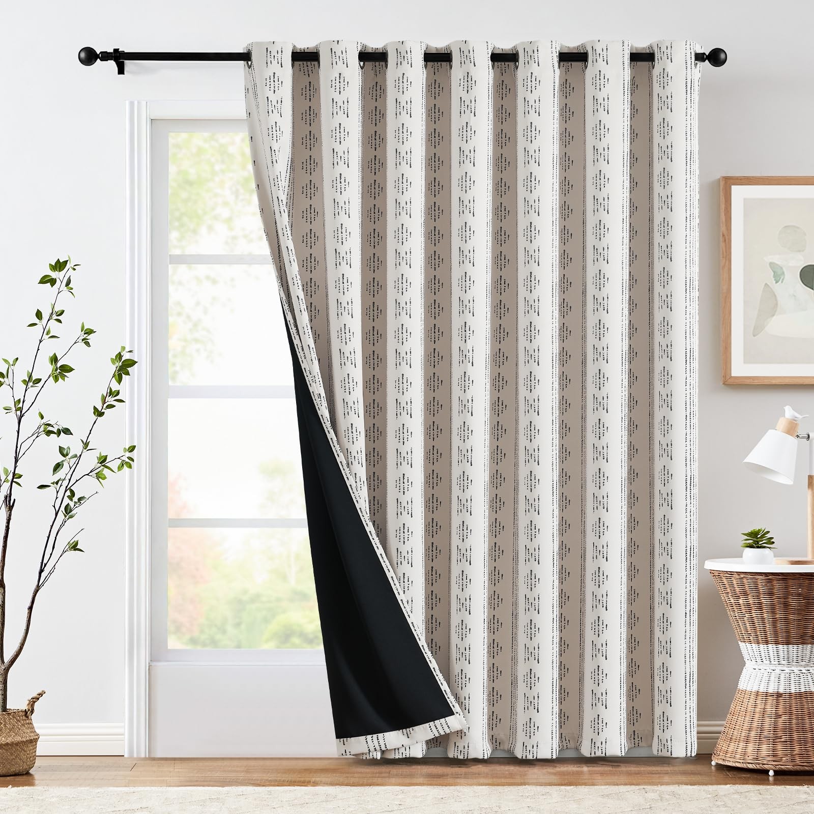 jinchan Black on Beige Geometric Boho Curtain 84 Inches Long 1 Panel