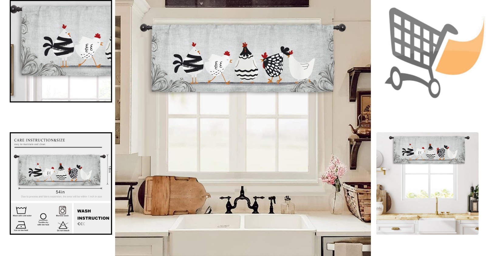 Farmhouse Kitchen Curtain Valance Fabric 54×18 Rooster Vintage Rustic Decor