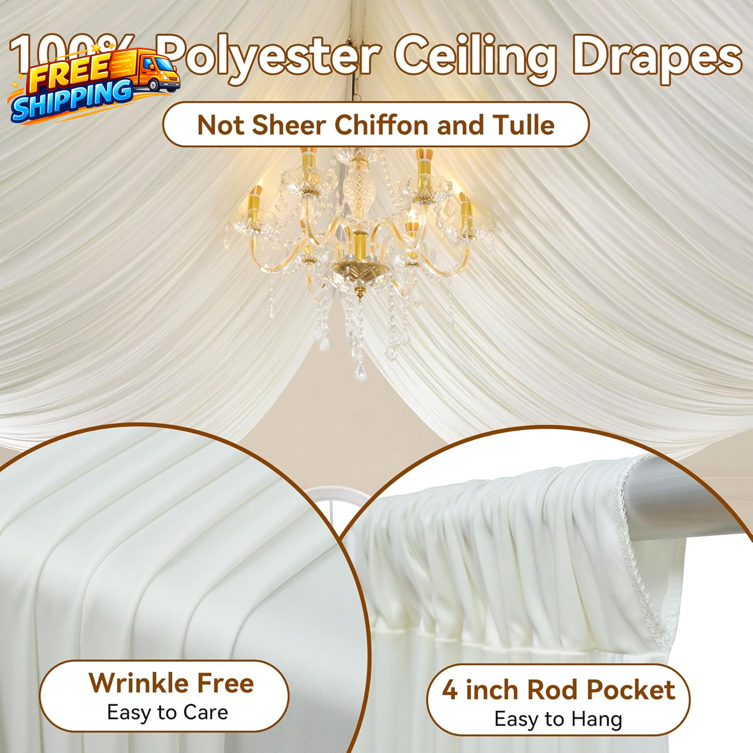 10Ft×20Ft Ivory Ceiling Drapes for Weddings Parties 2 Panels 5×20Ft Long Ceiling