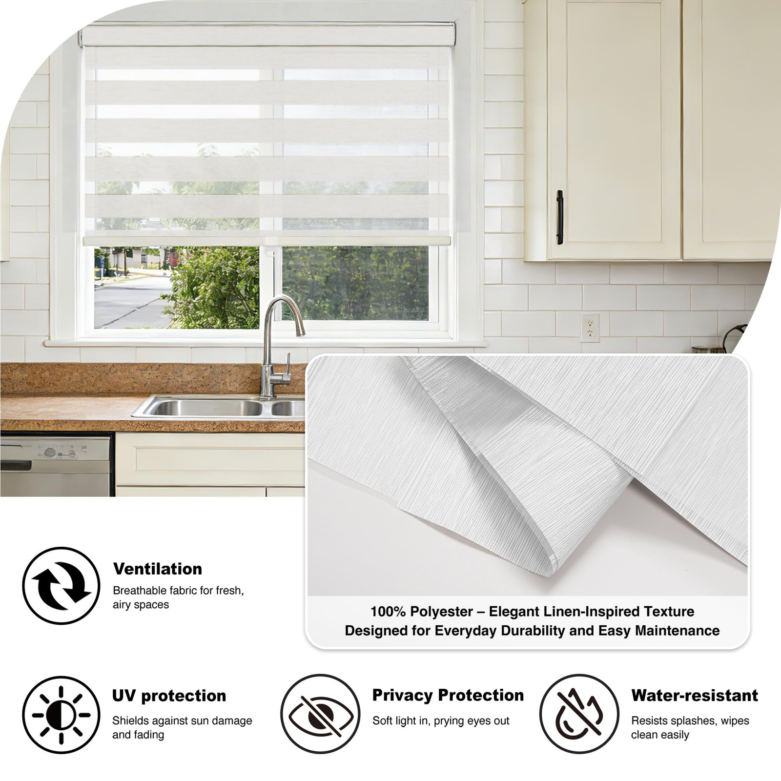 Cordless Light Filtering Zebra Blinds, White, 34″ W x 54″ H