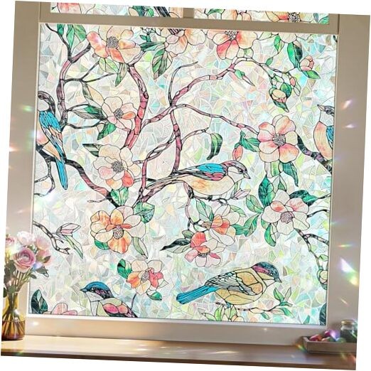 Window Privacy Film, Stained Glass 17.5″ x 78.7″ Blooms & Birds Paradise