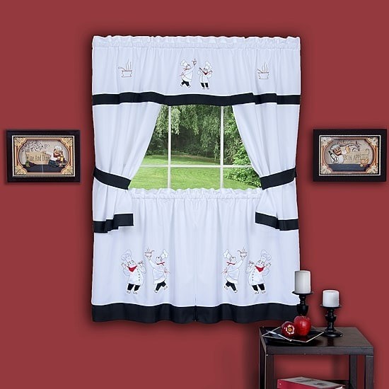 Achim Gourmet Kitchen Curtain Set 58×36 Black 3-Piece Tier & Valance Rod Pocket