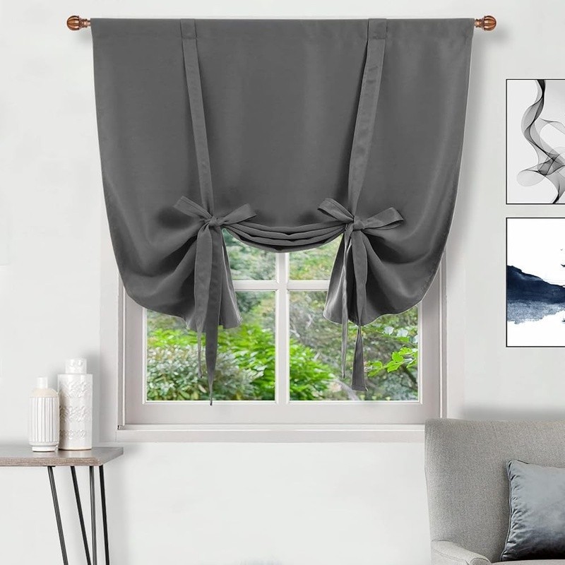 Blackout Tie Up Curtains 4 Ties Kitchen Bathroom Drapes UV Blocking Insulation