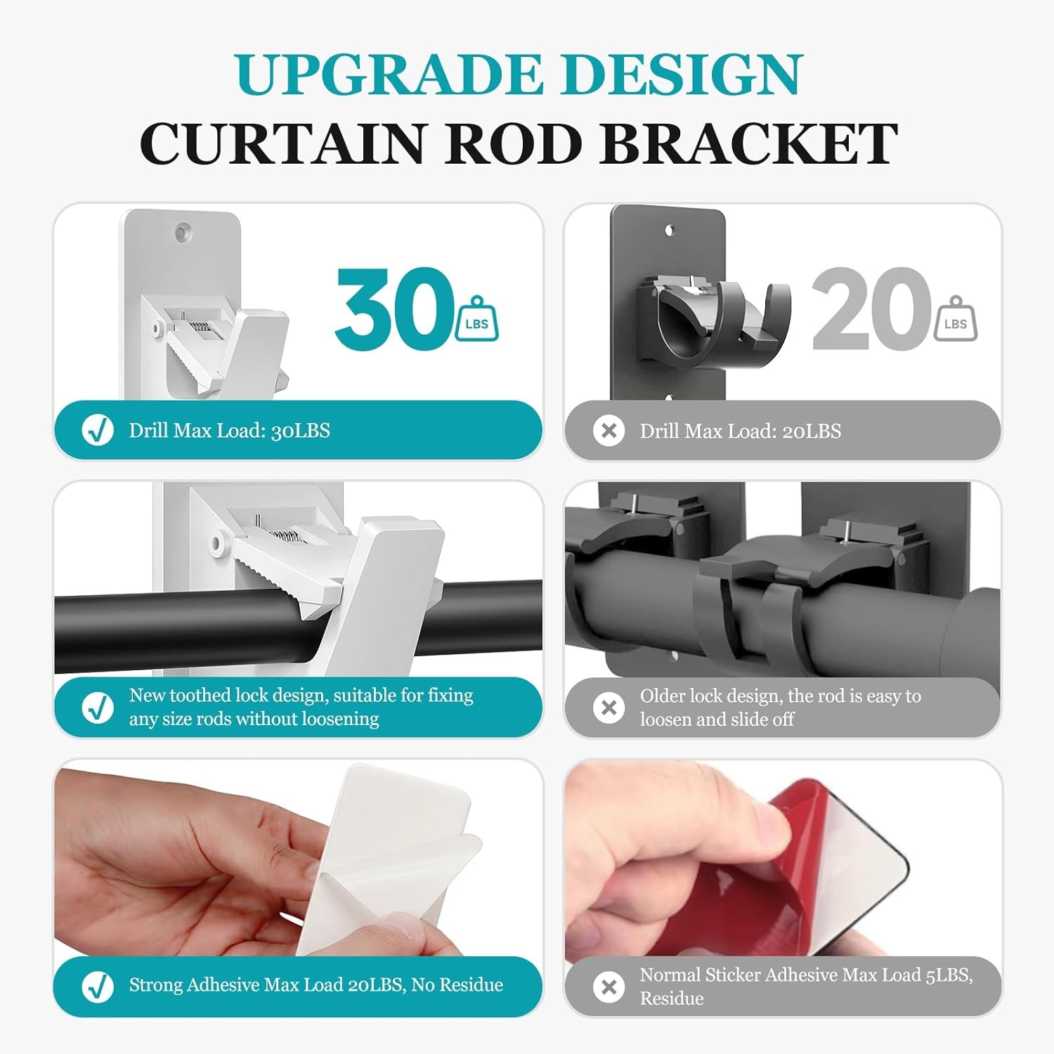 Adhesive No Drill Curtain Rod Brackets Heavy Duty 30LB Holders Bathroom Bedroom
