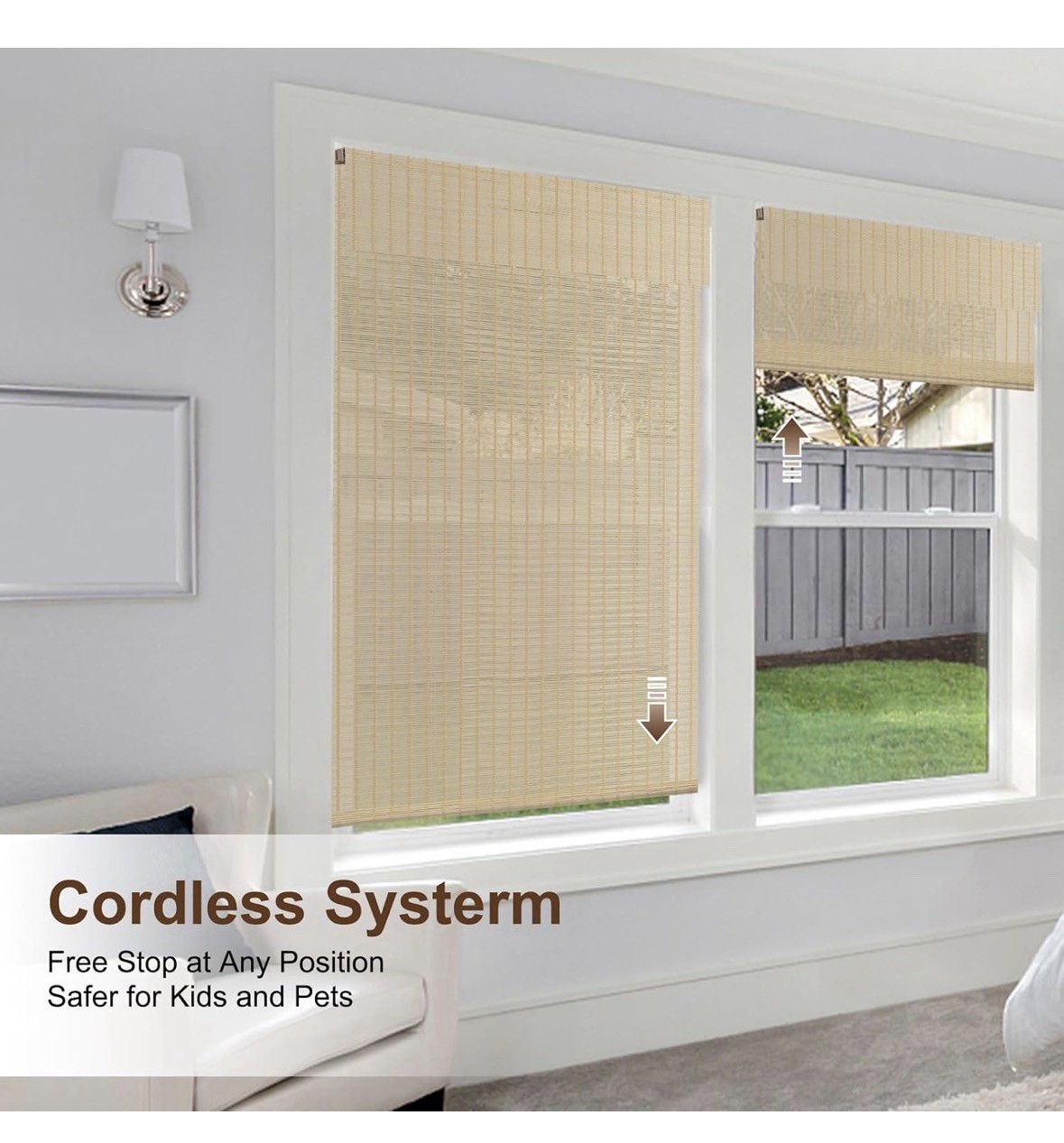 LUCKUP Cordless Bamboo Roman Shade Light Filtering UV Natural 44 x 64 in
