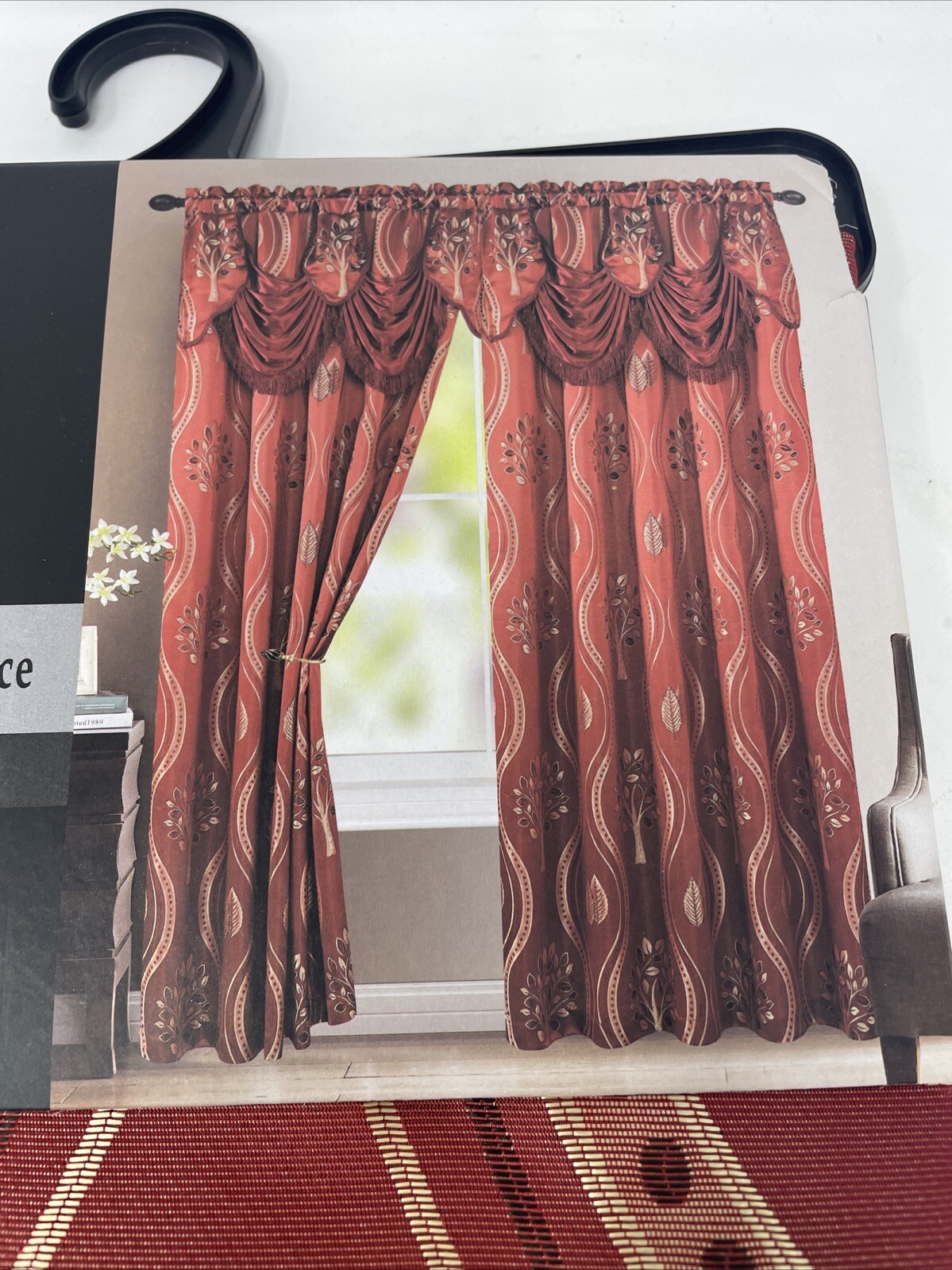 Aurora Tree Leaf Jacquard Window Panel with Attached Valance, Burgundy, 54×84 In
