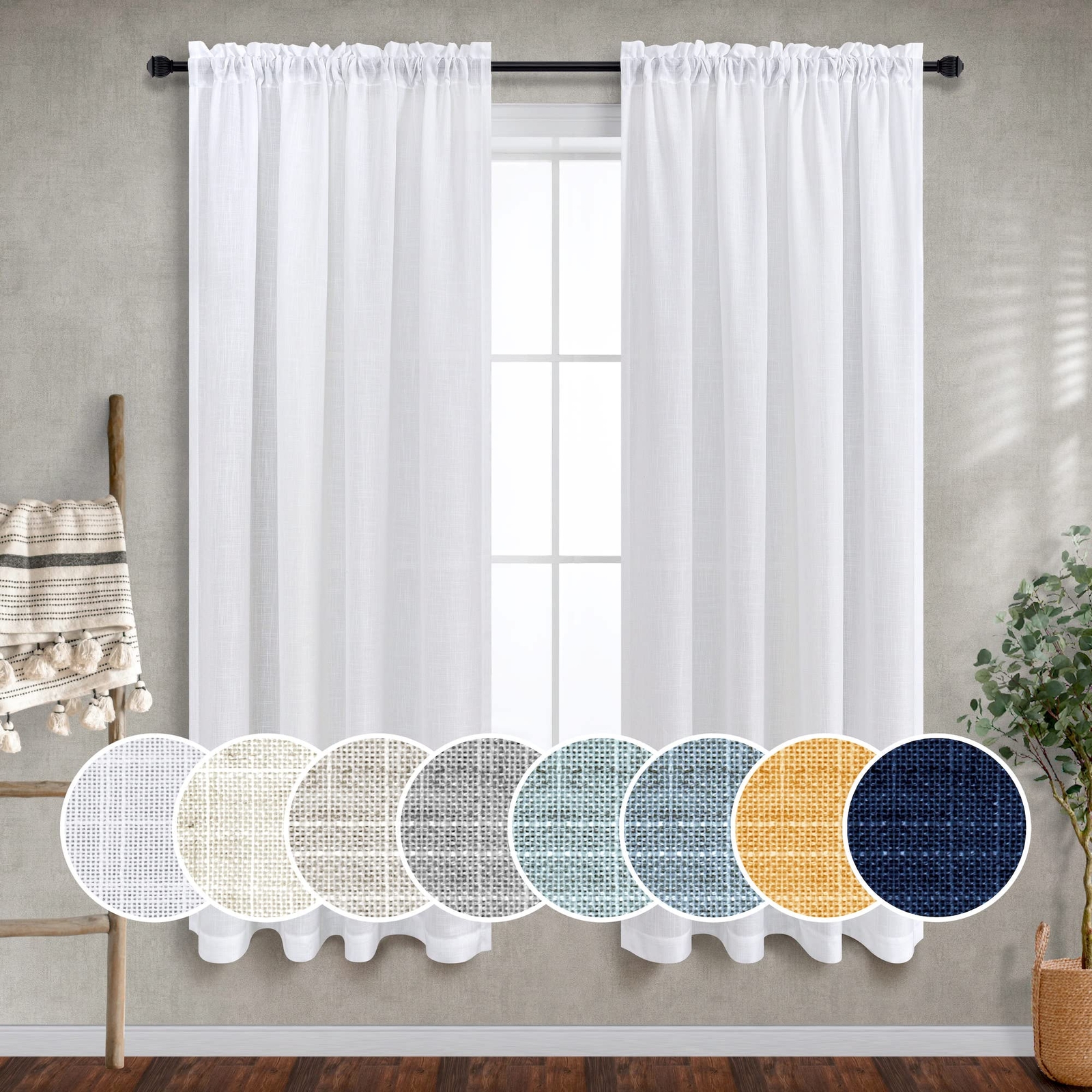 Pure White Linen Textured Curtains 72 Inch Length for Windows 2 Panels Set Ro…