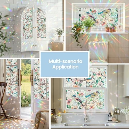 Window Privacy Film, Stained Glass 17.5″ x 78.7″ Blooms & Birds Paradise