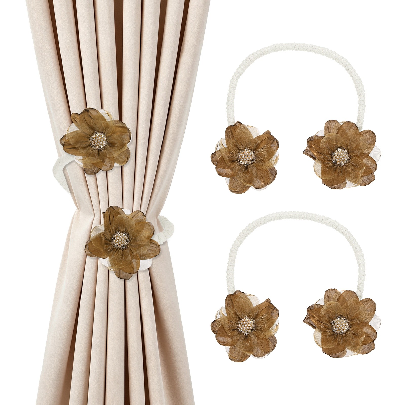 2Pcs Flower Curtain Tiebacks, 2 Flower 45cm Twist Holdbacks Clip, Coffee