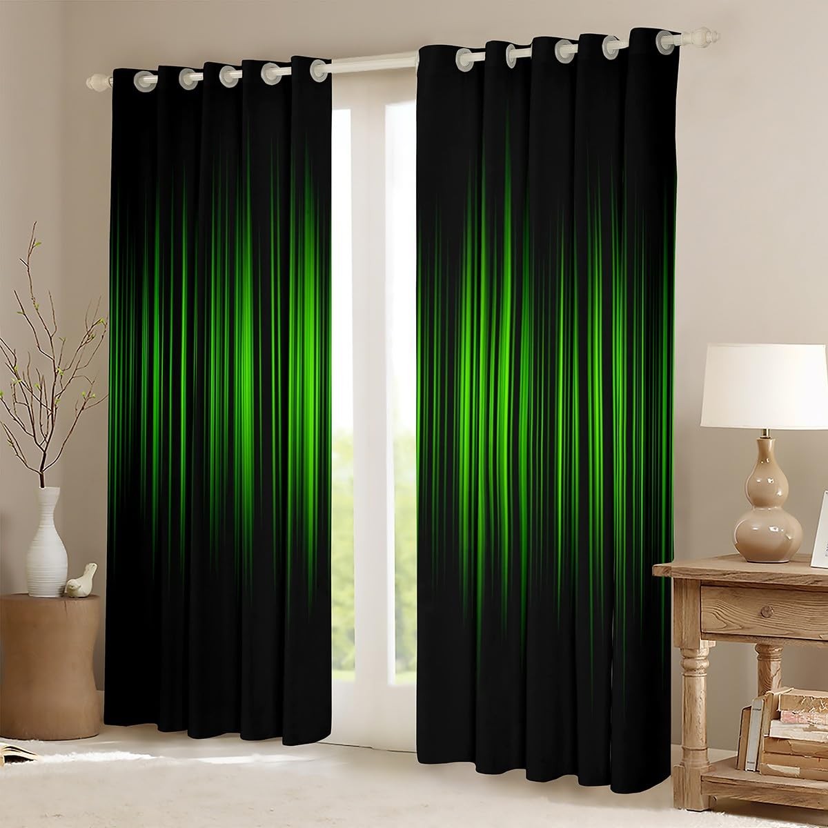 Feelyou Abstract Ombre Blackout Curtains Boys Green And Black Striped Window