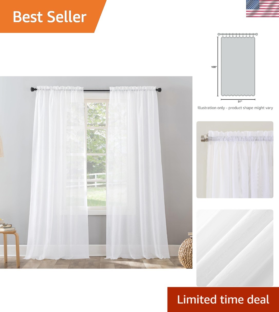 Erica Crushed Sheer Voile Curtain Panel, 51″ x 108″, Elegant White