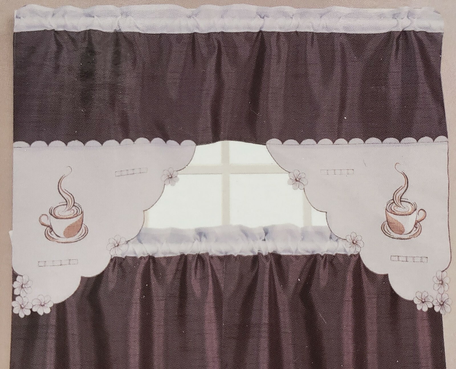3pc. Embroidered Curtains Set: 2 Tiers & Swag (60″x36″) VIVIVD COFFEE CUP, OG,RT