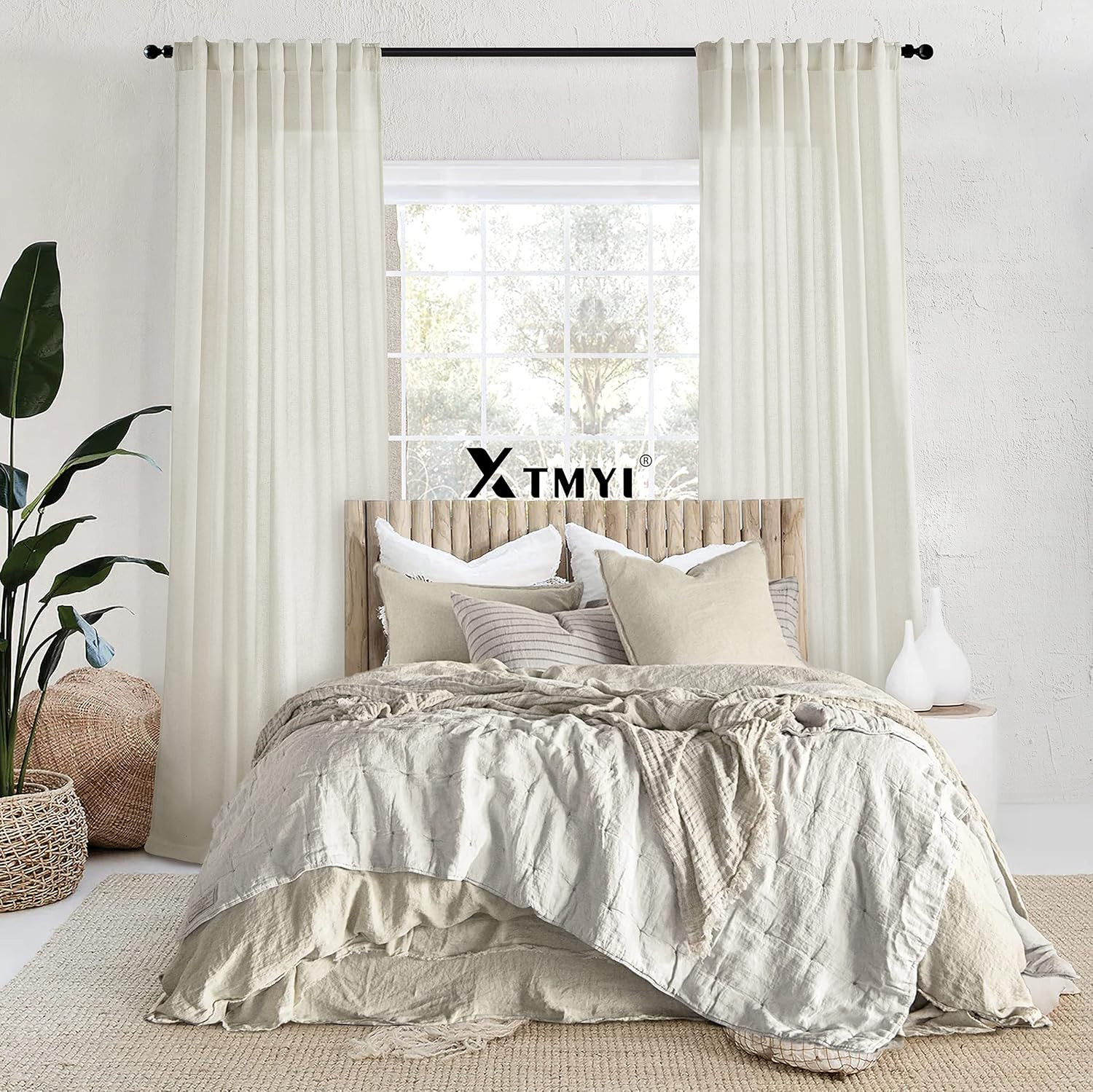 120″ Linen Curtains, Light Filtering Semi Sheer Drapes, 2 Panels, Cream