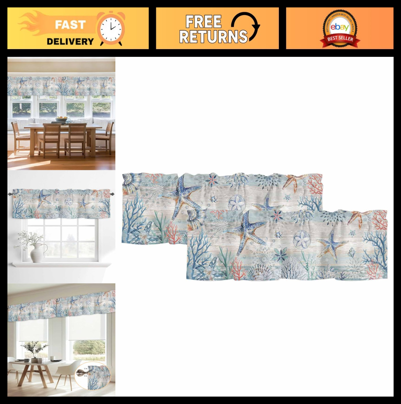 Coastal Starfish Curtain Valances 2 Pack – Nautical Beach Window Treatments 54×1