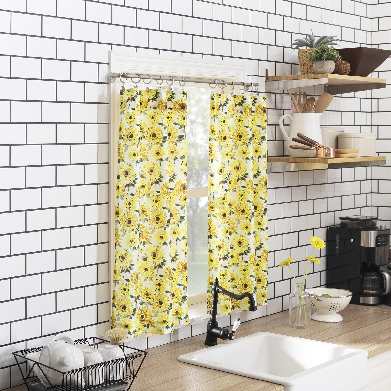 Sunbeam Sunflower Print Half Scarf Curtain Set for Kitchen, 137.2 x 61 cm, 3…