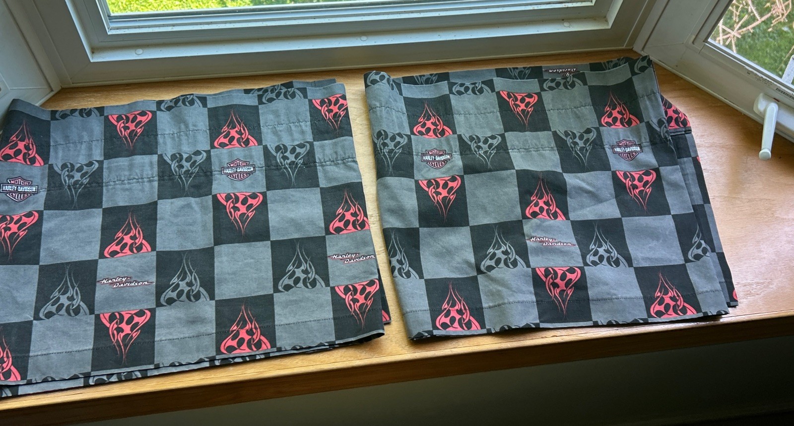 HARLEY DAVIDSON Valances Curtains Pair Flames Logos Checks 2 Piece 82” X 15” Ea