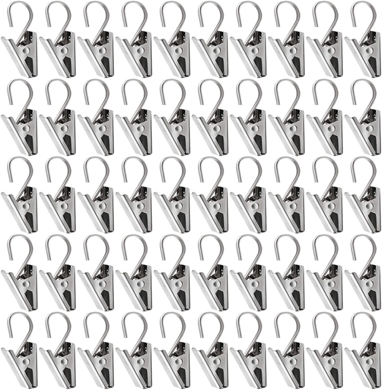 50-Pack Stainless Steel Curtain Clips with Hooks Small S-Hooks Heavy Duty Silver