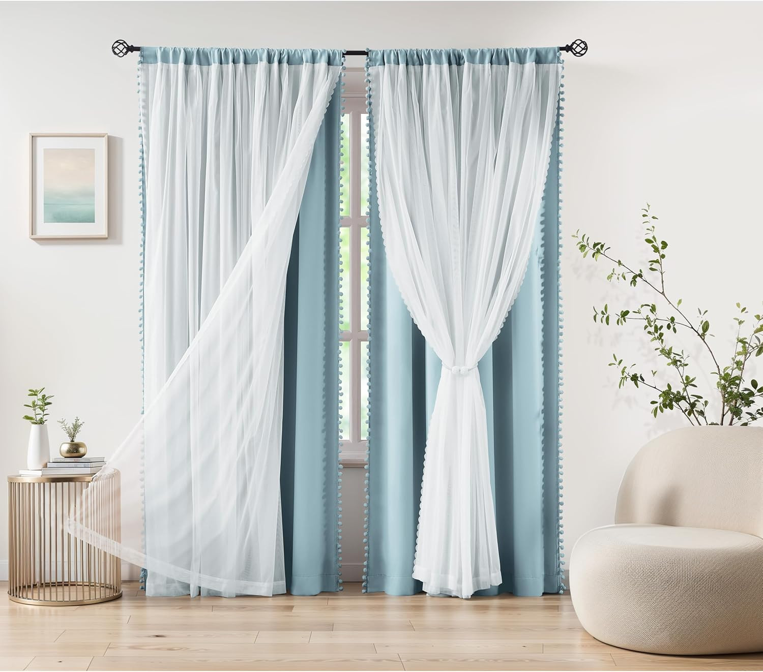Pom Pom Blackout Curtains with Sheer Overlay for Living Room Bedroom, Kid’S Room