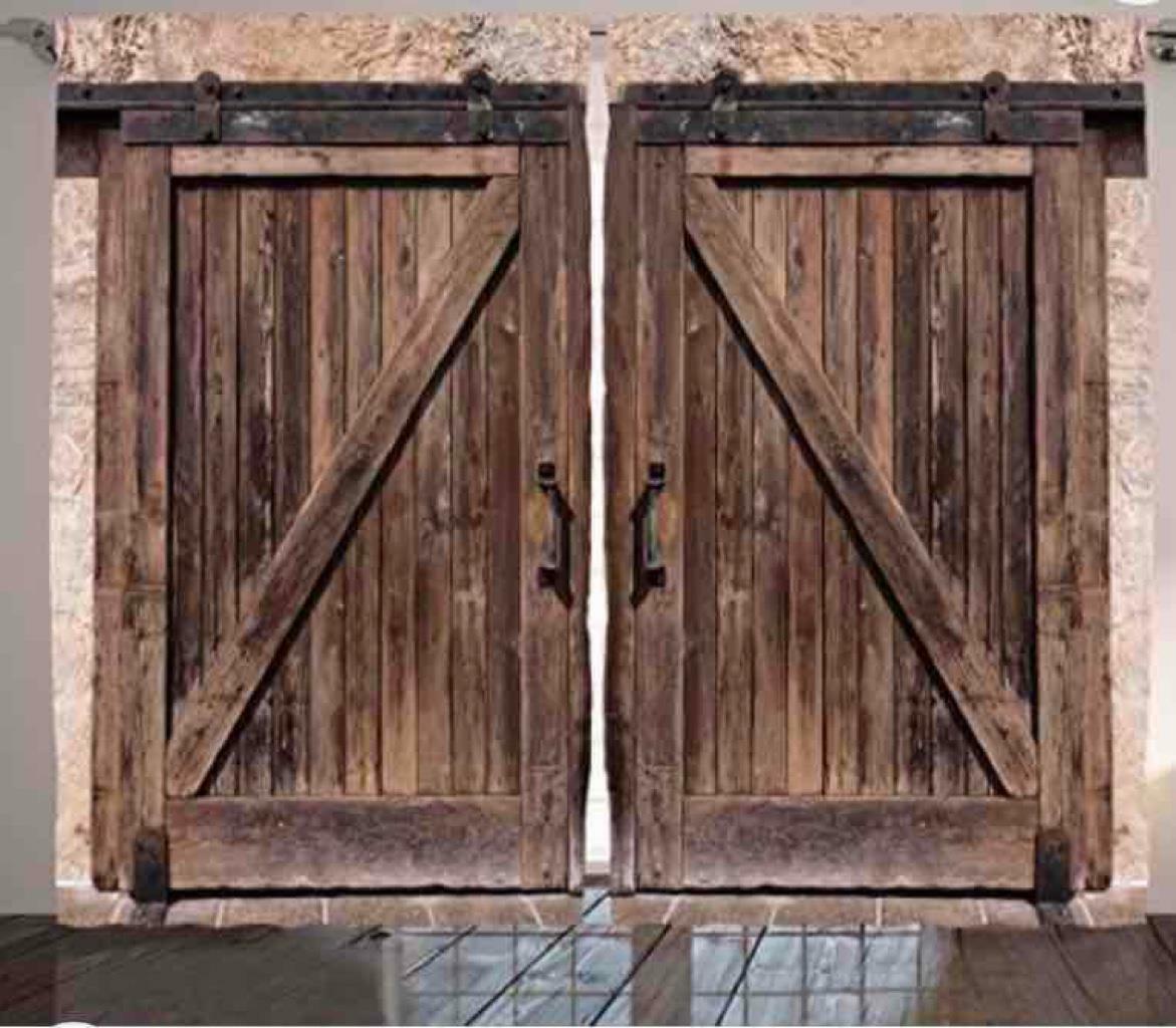 New Ambesonne Rustic Curtains, Wooden Barn Door in Stone Farmhouse Image Vintag
