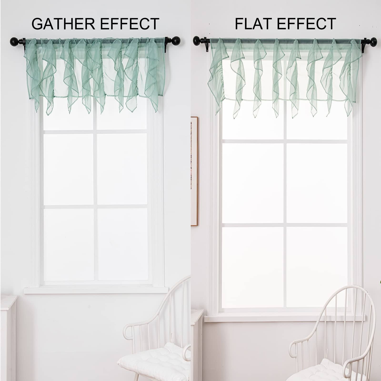 Ruffled Voile Semi Sheer Curtain Valance, Kitchen Living Room Shabby Chic Ruf…