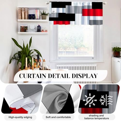 Red Thin Kitchen Curtains Tiers and 52″W x 18″L (Pack of 3) 03 Red and Black