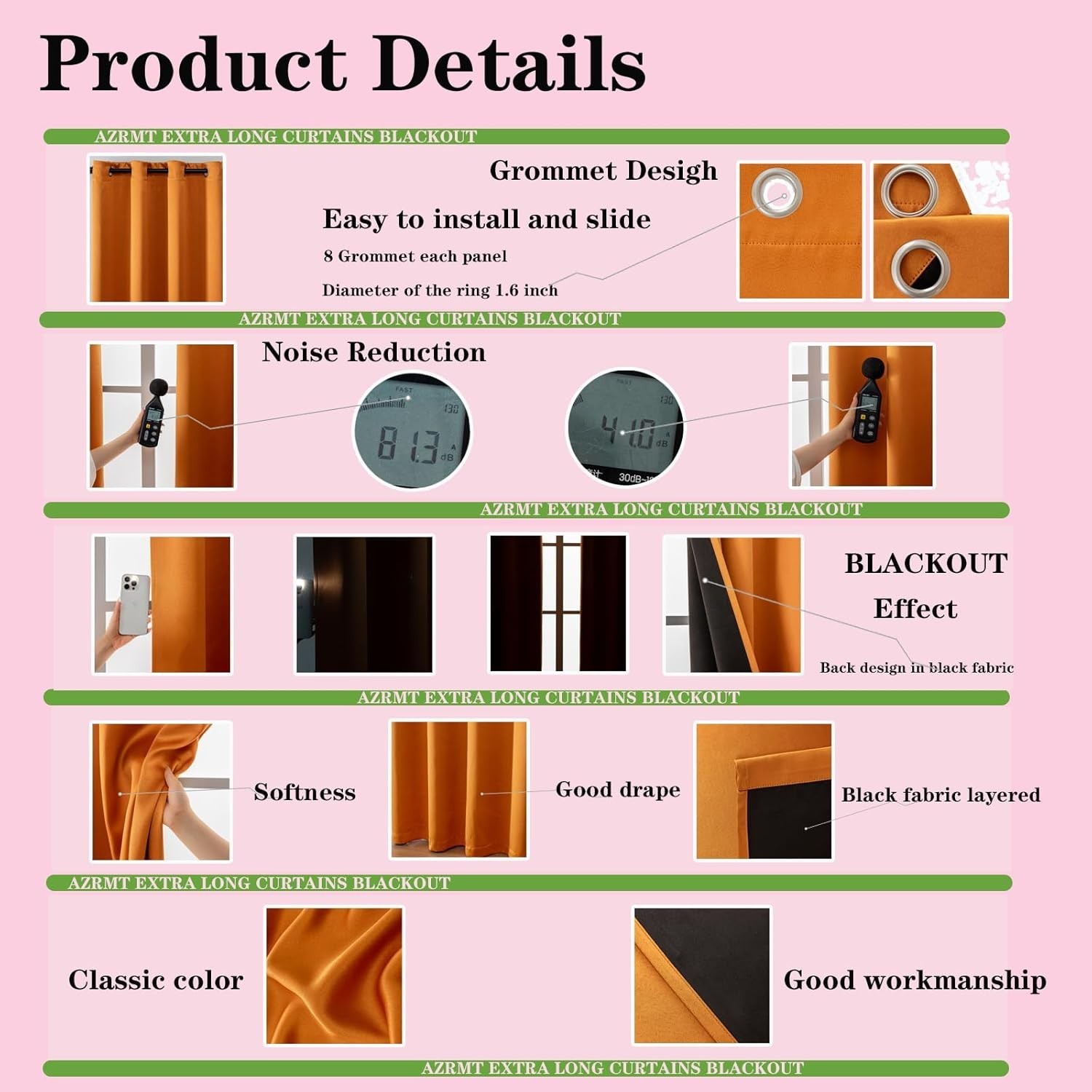 AZRMT Extra Long Pink Blackout Curtains 52×192 (16ft) Floor to Ceiling Polyester