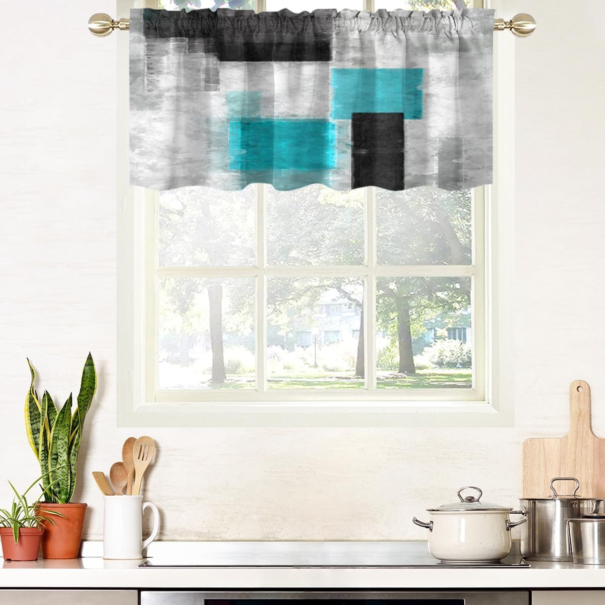 Teal Kitchen Valance Curtain for Window Black and White Modern Turquoise Aqua Gr