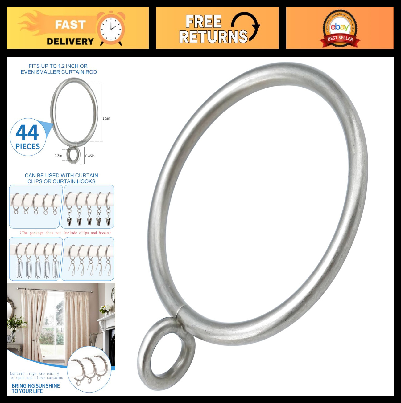 44 Pack Metal Curtain Rings with Eyelets, 1.5″ Drapery Rings for Pinch Pleat Cur